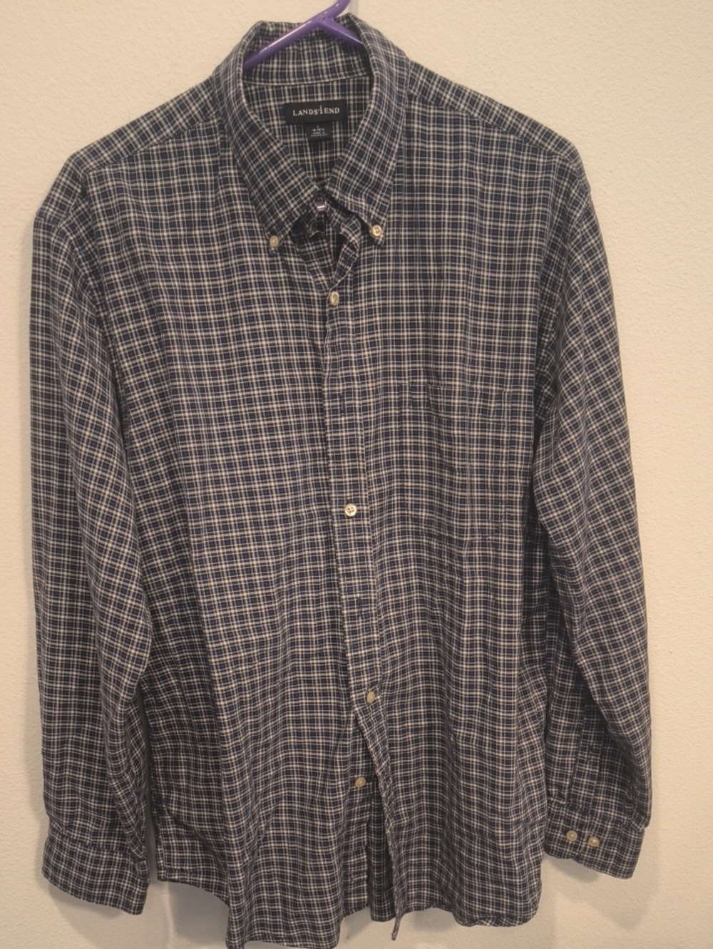 Lands' End Men's Navy and White Plaid Button-Down shirt Large 16 1/2